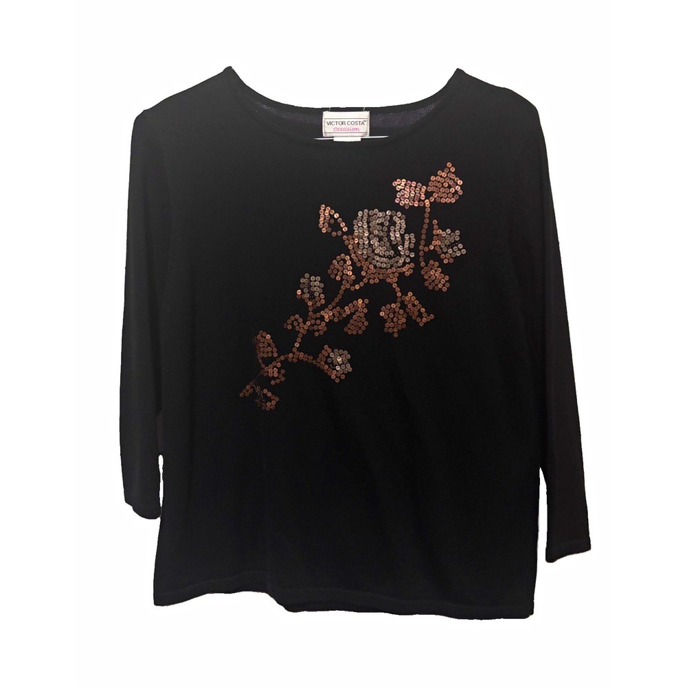 VTG Victor Costa Women's Black Floral Knit Top, Sequin Accents, 3/4 Sleeve, M